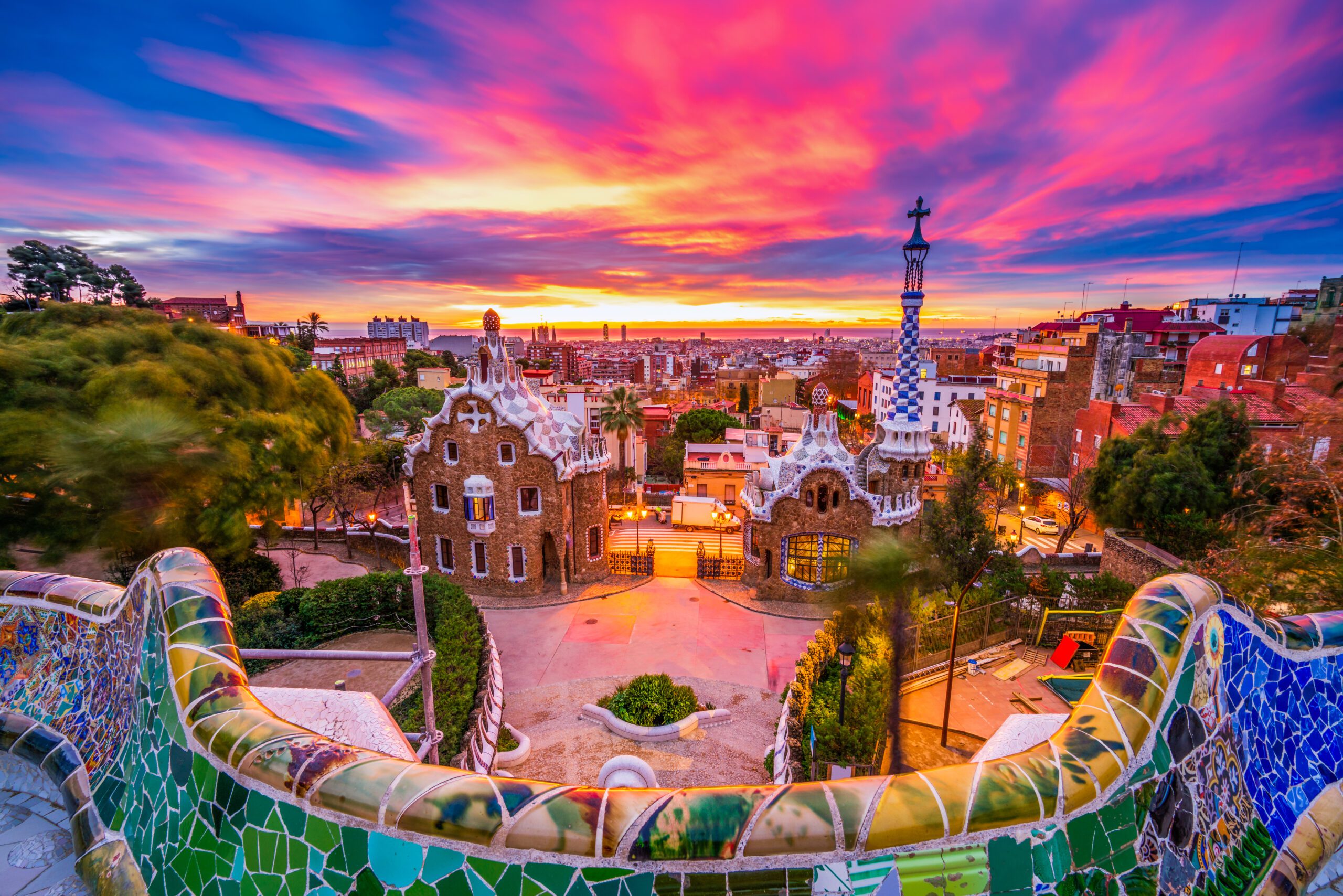 Beautiful,Sunrise,In,Barcelona,Seen,From,Park,Guell.,Park,Was