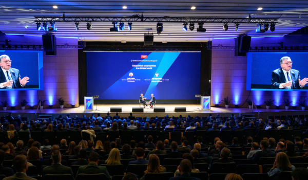 Wide shot of a keynote presentation on the main stage at EuroFinance 2026 in Barcelona.