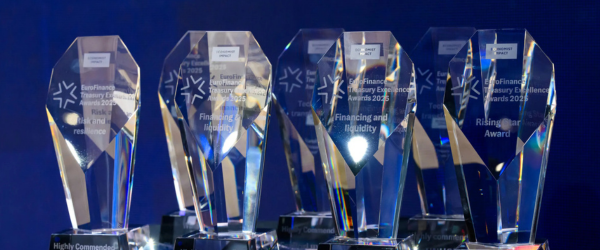 Four crystal EuroFinance Treasury Excellence Awards trophies representing the stc case study at EuroFinance 2026 in Barcelona.